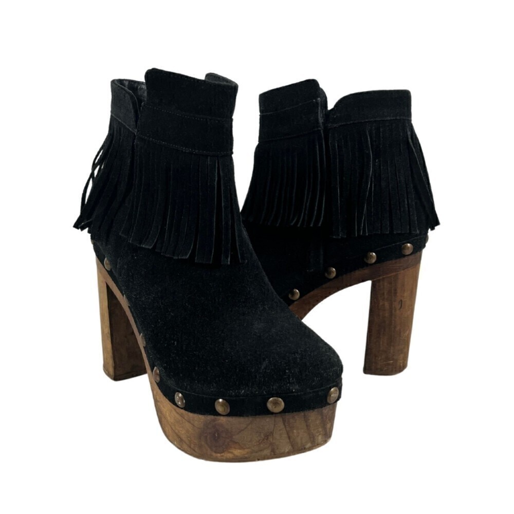 Five Worlds Women Size 7.5 Cordani Fringe Wood Studded Platform Boho Suede Boots